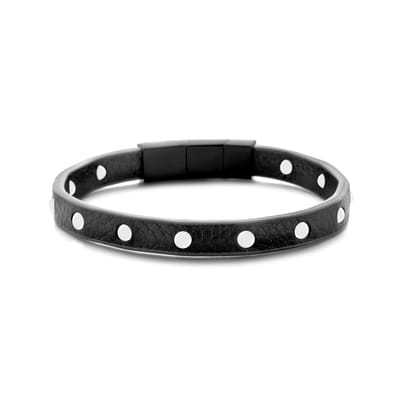 Frank 1967 7FB-0538 Leren Armband - Heren - Howliet Kralen - 4 mm Doorsnee - 8 mm Breed - Leder -21 cm - Extra Schakel in Slot - Zwart