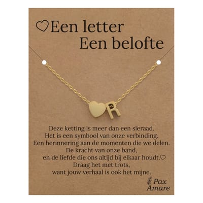 Letter R ketting op Cadeau Kaartje - Een letter, een belofte - 45cm Goudkleurig Stainless Steel - Initiaal & Hartje Hanger - Pax Amare