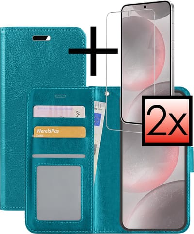Hoesje - Met 2x Screenprotector - Geschikt voor Samsung Galaxy S24 - Luxe Pasjeshouder - Bookcase Portemonee - Flip Case - Kunstleer Book Case - Flipcase Hoes - Book Cover - Walletcase - Portemonneehoes - Turquoise