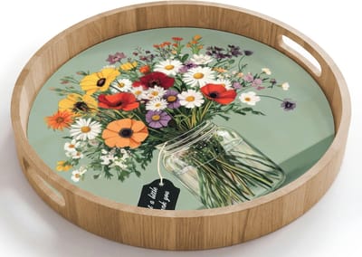 Dienblad rond 40x40 cm - Schootdienblad hout - Bloemen - Vaas - Kaartje - Borrelplank rechthoek - Plateau houten dienbladen