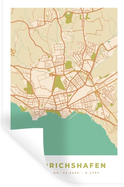Muurstickers - Sticker Folie - Friedrichshafen - Kaart - Vintage - Stadskaart - Plattegrond - 20x30 cm - Plakfolie - Muurstickers Kinderkamer - Zelfklevend Behang - Zelfklevend behangpapier - Stickerfolie