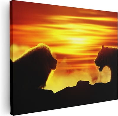 Artaza Canvas Schilderij Dierenkop Leeuw En Tijger - 40x30 cm - Klein - Wanddecoratie Woonkamer - Muurdecoratie Dieren - Kamer Accessoires