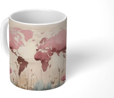 Mok - Koffiemok - Wereldkaart - Roze - Bloemen - Mokken - 350 ML - Beker - Koffiemokken - Theemok