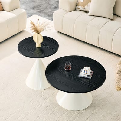 Salontafel set van 2 - Nestbare bijzettafels - Ronde salontafel 70cm - Zwart/Crème