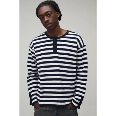 Regular Fit Henley Gestreept Gebreid T-shirt Met Lange Mouwen | Navy | Size XS