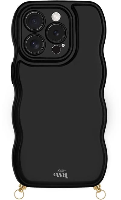 xoxo Wildhearts Glossy Wavy Cord Case Black telefoonhoesje - Geschikt voor iPhone 13 Pro - Golvend hoesje geschikt voor telefoonkoord - Glimmende silicone case met golven - Vlekbestendig hoesje met haakjes - Zwart