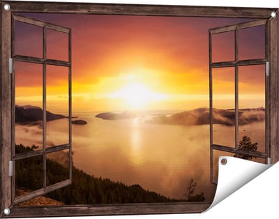 Gards Tuinposter Doorkijk Zonsondergang in de Bergen met Wolken - 90x60 cm - Tuindoek - Tuindecoratie - Wanddecoratie buiten - Tuinschilderij