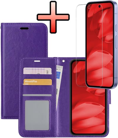 Hoesje - Met Screenprotector - Geschikt voor Google Pixel 9a - Luxe Pasjeshouder - Bookcase Portemonee - Flip Case - Kunstleer Book Case - Flipcase - Book Cover - Walletcase - Portemonneehoes - Paars