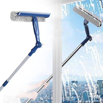 Ramenreiniger - Raamborstel - Met telescopische steel - 120 cm - 4-in-1 telescopische ramenreiniger - Geschikt voor binnen en buiten - Tweetraps telescopische steel - Draaibare reinigingskop - Geschikt voor hoge ramen en glazen oppervlakken - Blauw
