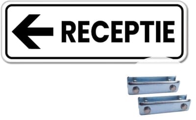 Bord receptie pijl links - Weerbestendig Aluminium - 40x15 cm - Bevestiging: Met hekbeugels (voor spijlen- of gaashek)