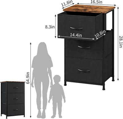 Moderne Ladekast met 3 Stoffen Laden - Compacte Commode met Houten Bovenblad - Nachtkastje voor Slaapkamer, Woonkamer & Hal - bruin/Zwart - 75 cm Hoog