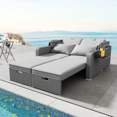 Tuinligbed met Luifel 196 x 130 x 152 cm – 2 Persoons Polyrotan Dagbed en Loungesofa – Uitschuifbare Tuinbank met Afneembare Zonwering, Inclusief Kussens – Weerbestendig Buitenmeubel voor Tuin, Terras, Balkon en Zwembad – Grijs – Mobili Bella