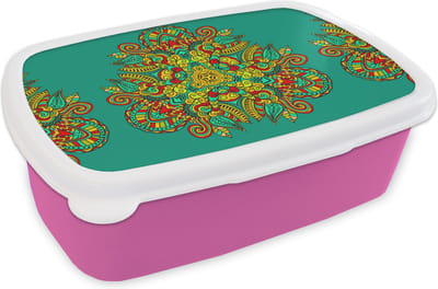 Broodtrommel Roze - Lunchbox - Brooddoos - Patronen - Krullen - Folklore - 18x12x6 cm - Kinderen - Meisje