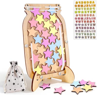 Magnetisch Sterrenbeloningssysteem voor Kinderen - 30 Sterren, Verantwoordelijkheid, Taakplanner en Gedragsroutine - 20 x 13 cm met Houten Houder