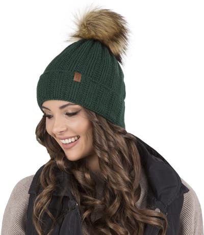 Vivisence Dames Wintermuts - Zacht Gebreid Materiaal met Modieuze Steek en Pompon Van Imitatiebont - Warme Fleece Voering voor Comfort Pasvorm en Minder Statisch Haar tijdens Koude Winterdagen - Groen