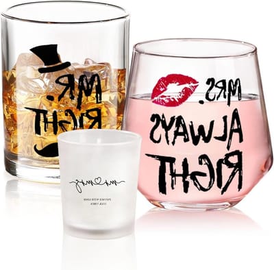 Grappige glazen voor koppels - Mr. Right en Mrs. Always Right - Perfecte trouw- en verlovingscadeaus voor bruid en groom, inclusief whiskey en wijn glazen