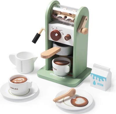Houten Koffiezetapparaat – Speelkeuken Accessoire – Inclusief Kopjes, Borden, Melk & Opschuimer – Kinderspel & Fantasiespel – Dorjee