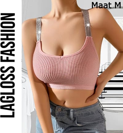 LaGloss® Roze Top met Glitter Schouder Bandjes – Geribbeld, Elastisch & Ademend Tank Top – Maat M