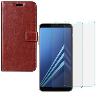 hoesje Geschikt voor: Samsung Galaxy A8 2018 Portemonnee bruin met 2 stuks Glas Screen protector