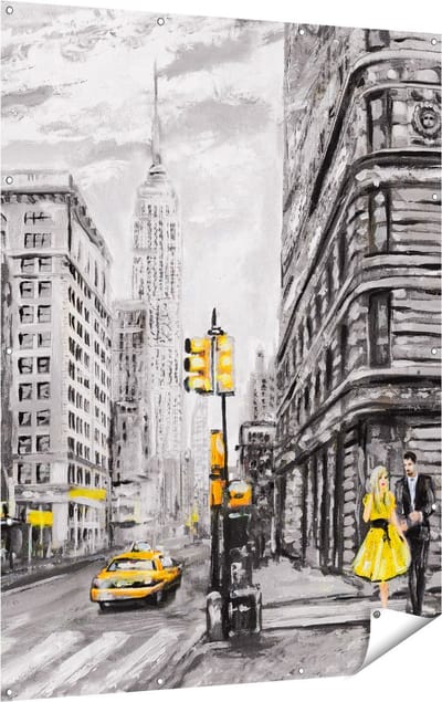 Gards Tuinposter Geschilderde New York Tekening - Zwart Wit - 120x160 cm - Tuindoek - Tuindecoratie - Wanddecoratie buiten - Tuinschilderij