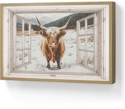 Wandlamp 60x40 cm - Oplaadbaar - Schotse Hooglander - Winterlandschap - Landelijk - Bergen - Doorkijk - Wandlampen binnen woonkamer - Slaapkamer lamp - Decoratieve nachtlamp - Vloerlamp draadloos