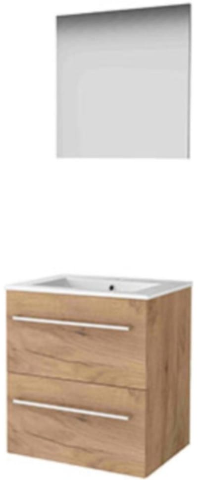 Basic-Line Basic 46 Badkamermeubelset - 60 x 46 cm - Met Grepen - 2 Lades - Keramische Wastafel - 1 Kraangat - Spiegel - Whisky Oak