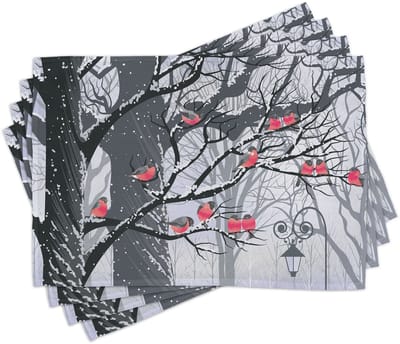 ABAKUHAUS Winterse tafelonderzetters met schattige boomvinken op bomen – winterachtig stadspark sneeuw- en kou-vogelontwerp; wasbare stoffen onderzetters; tafeldecoratie met bedrukt ontwerp; koraalrood/grijs