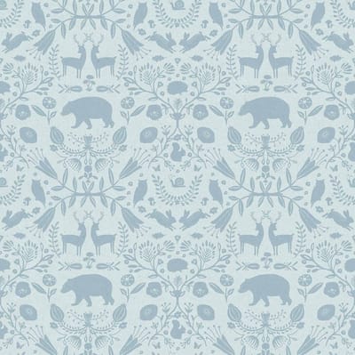 Behang - Kinderkamer – Bosdieren – Blauw - Lichtblauw - Babykamer - Kinderbehang – Dieren Silhouetten - 0,53 x 10,05 M