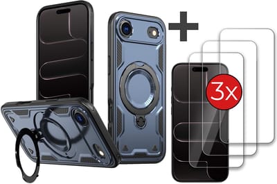Hoesje Geschikt voor iPhone 17 Air met 3 Stuks gehard glas Screenprotector - Armor hoes met Ringhouder - Arara backcover - Donker Blauw