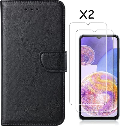 Hoesje geschikt voor Samsung Galaxy A23 (4/5G) bookcase met 2 stuks gehard glas screenprotector - Zwart