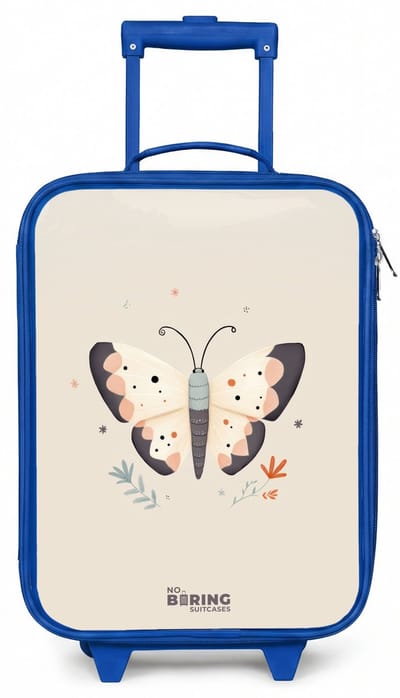 NoBoringSuitcases.com® - Kinderkoffer blauw - Kindertrolley jongen - Vlinder in neutrale pastel kleuren - Koffer kind lichtgewicht - Reiskoffer trolley voor kinderen - Koffertje met lichtgevende wieltjes - Rolkoffer