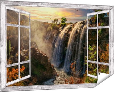 Gards Tuinposter Doorkijk Watervallen vanaf de Kliffen - 150x100 cm - Tuindoek - Tuindecoratie - Wanddecoratie buiten - Tuinschilderij