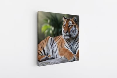 Saammp Canvas Schilderij - Tijger op Steen - Natuur - Dieren - 20x20 - Foto op canvas - Wanddecoratie - muurdecoratie Woonkamer - Slaapkamer decoratie - Canvas Print