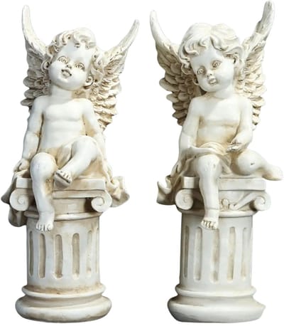 DIMICO - Tuinbeelden voor Buiten - Tuinbeeld - Engel Beeld Set van 2 - Romeinse Pilaren - Woondecoratie - Vintage - 26 cm - Wit