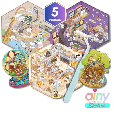Ainy - Scene Sticker Set | Inclusief Pincet | 5 Achtergronden met PET Stickers | | Kat & Vrienden miniatuur stickerboek | Creatief & Rustgevend vakantieboek | Stickervellen voor volwassenen en kinderen