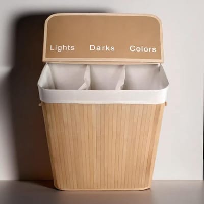 ENGLISH HOME 100L opvouwbare 3-compartimenten wasmand met deksel, wasmand met uitneembare voering, opberg organizer, wasmanden voor wasgoed badkamer, bamboe 52x32x60 cm Bruin