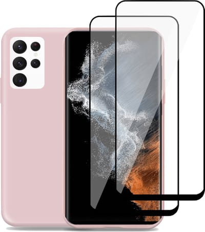 Geschikt voor Samsung S22 Ultra Hoesje + 2x Screenprotector – Beschermglas Cover - Suède Case Rose