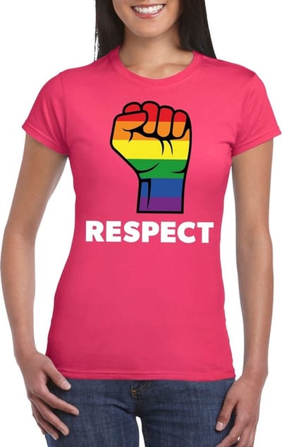 Respect LGBT shirt met regenboog vuist roze dames - LGBT/ Lesbische shirts S