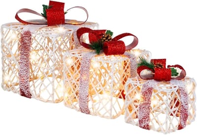 COSTWAY Set van 3 led-geschenkdozen, verlichte kerstdozen met rode strikken, kerstdecoratie met 60 warmwitte ledlampen, kerstdecoratie voor binnen en buiten