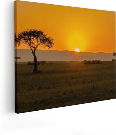 Artaza Canvas Schilderij Zonsondergang - 50x40 cm - Wanddecoratie Afrika - Muurdecoratie Boom - Kamer Accessoires Savanne