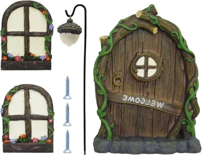 Tuin Gnome Deur Set - Miniatuur Huisje - Bomen Versieren - Lichtgevend in Donker - 13.5 cm Deur - Bruin