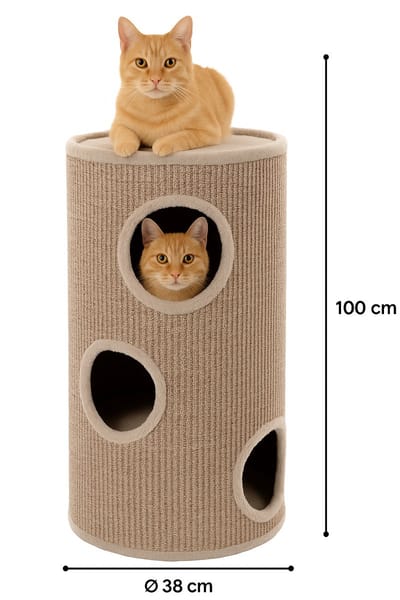 Krabton voor katten – Krabton Greta Grijs & Naturel & Lichtbruin L – Ø38x100 cm – luxe krabmeubel met 3 verdiepingen – Flamingo