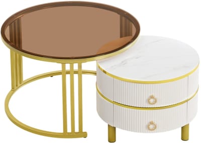 2-in-1 Ronde MDF Salontafel Bijzettafel Met 1 Witte Tafelblad En 1 Bruin Tafelblad Van Gehard Glas Salontafelcombinatie Met 2 Laden Voor Het Woonkamer 70x70x46 + 50x50x40cm