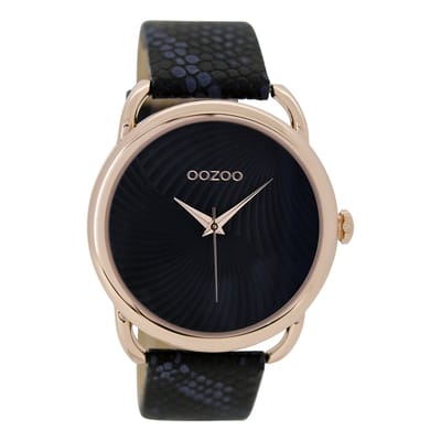 OOZOO Timepieces - Rosé goudkleurige horloge met zwarte leren band - C9164