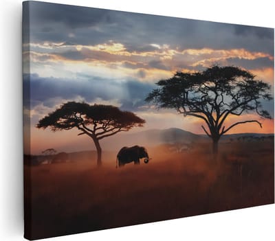 Artaza Canvas Schilderij Afrika - 30x20 cm - Klein - Wanddecoratie Olifant - Muurdecoratie Boom - Kamer Accessoires
