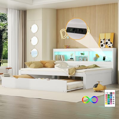 STILVORA Slaapbank 140x200cm – Bed Met Led Verlichting – Uitschuifbaar Logeerbed – Opbergvak & Stopcontact Met Usb – Zonder Matras – Wit
