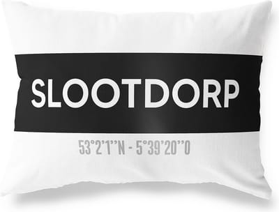 Tuinkussen SLOOTDORP - NOORD-HOLLAND met coördinaten - Buitenkussen - Bootkussen - Weerbestendig - Jouw Plaats - Studio216 - Modern - Zwart-Wit - 50x30cm
