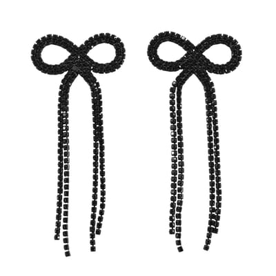 Strik / Bow Strass Oorbellen - Zwart | 8,7 x 3,8 cm | Fashion Favorite