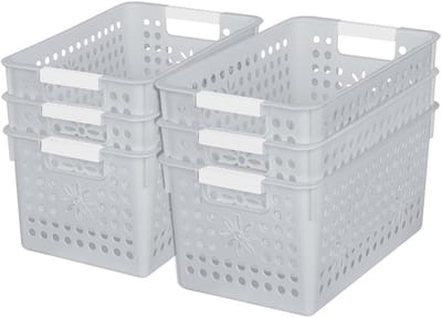 Kunststof opbergdoos, opbergmanden met handvat, plankmand organizer met gat, open opbergbak voor thuis, keuken, kantoor, grijs, 6 stuks (27 x 18 x 14,5 cm)