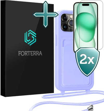 Hoesje Geschikt voor iPhone 14 Pro Pashouder Case Siliconen Hoes Met Koord Met 2x Screenprotector - Hoes Geschikt voor iPhone 14 Pro Met Telefoonkoord Hoesje Back Cover Met Pasjeshouder - Lila